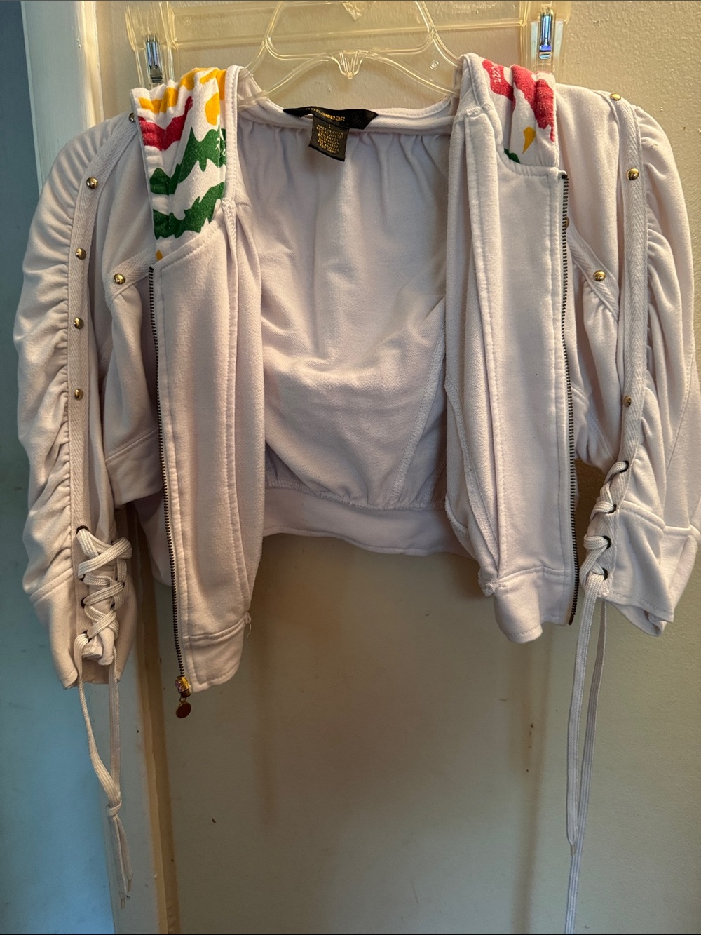 Rocawear White Cropped Bomber Jacket with Multicolor Hood Trim